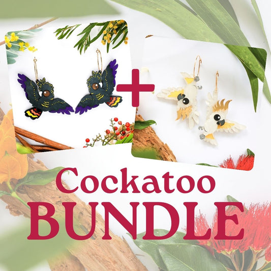 BINKABU - COCKATOO BUNDLE - Sulphur-Crested Cockatoo & Red-tailed Black Cockatoo - Handmade Acrylic Bird Earrings