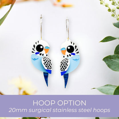 Blue & White Budgie Studs - Statement Acrylic Bird Earrings