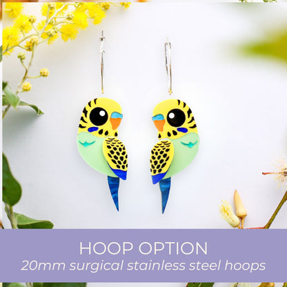 Green & Yellow Budgie Studs - Statement Acrylic Bird Earrings
