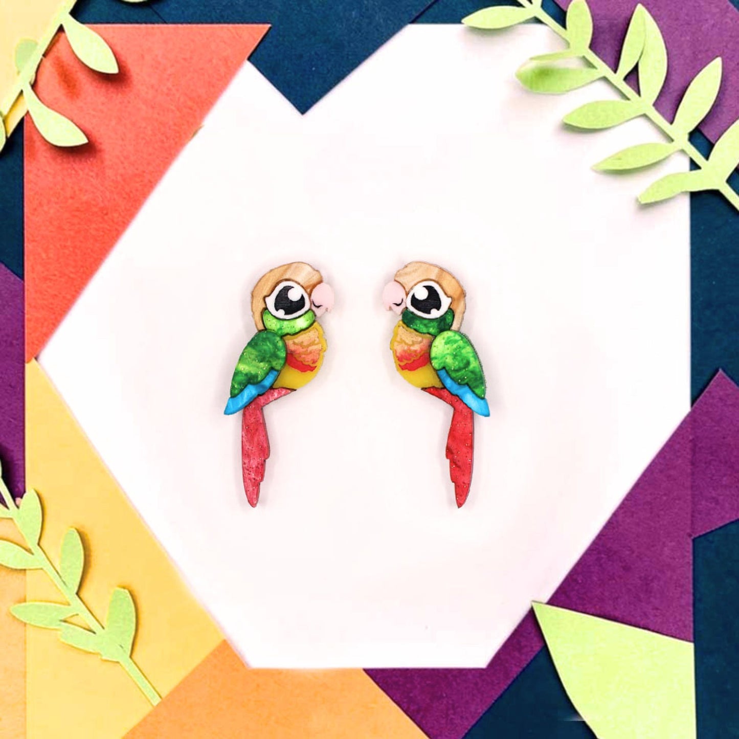 Pineapple Green-Cheeked Conure Acrylic Stud Earrings - Handmade Bird Earrings