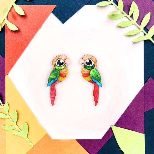 Pineapple Green-Cheeked Conure Acrylic Stud Earrings - Handmade Bird Earrings