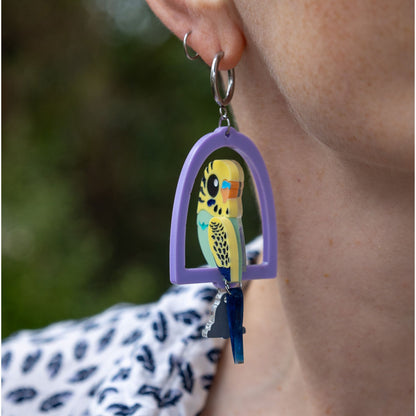 Green & Yellow 3D Budgie Hoop Dangles - Statement Acrylic Bird Earrings