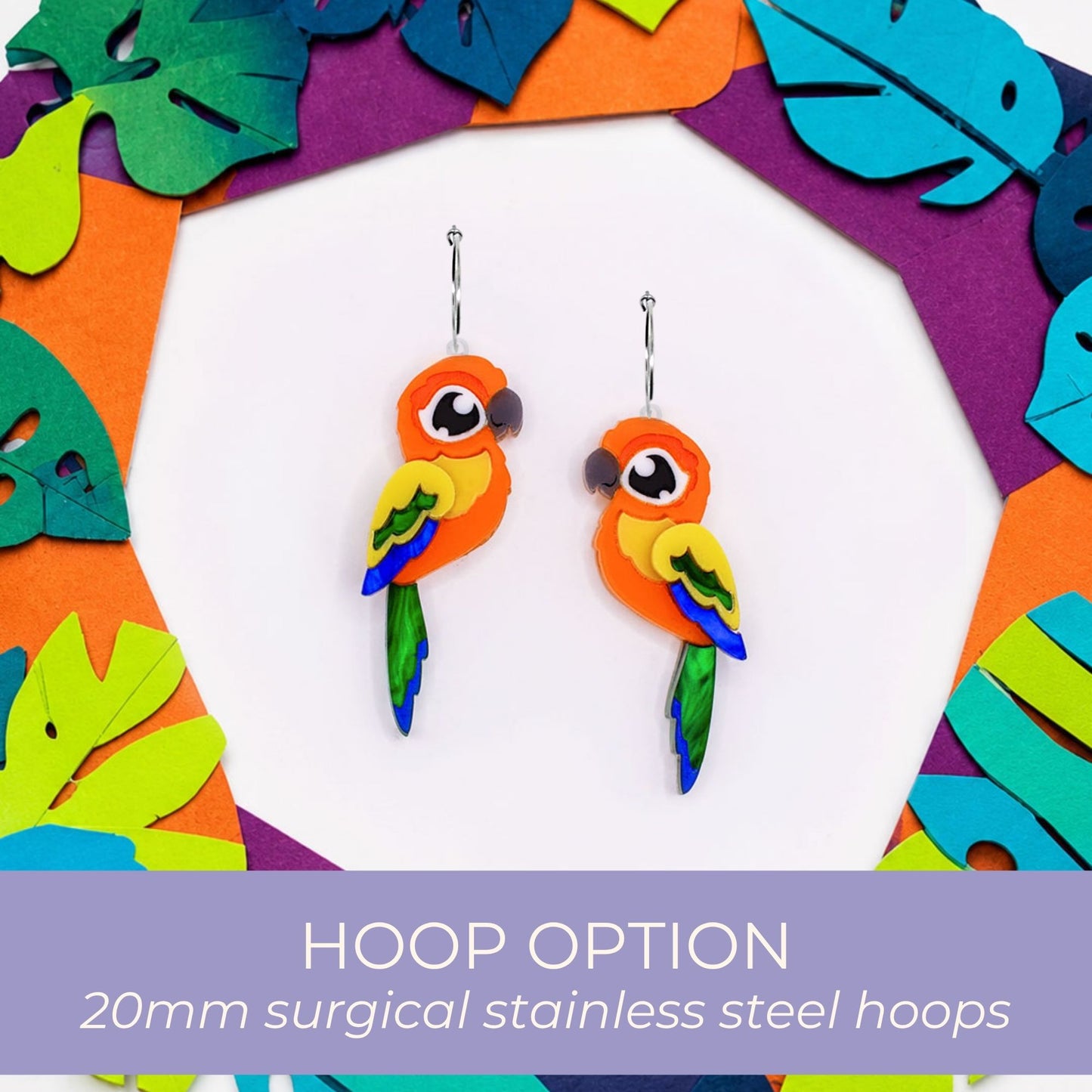 Sun Conure Acrylic Stud Earrings - Handmade Bird Earrings