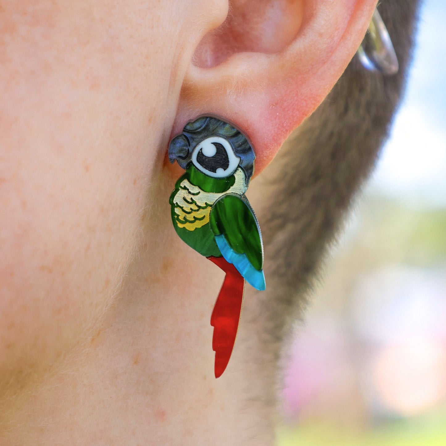 Green-Cheeked Conure Acrylic Stud Earrings - Handmade Bird Earrings