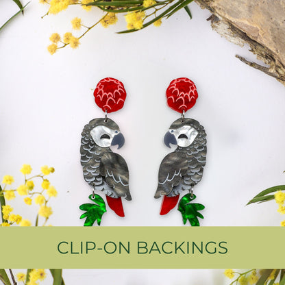 BINKABU African Grey Parrot handmade acrylic bird earrings