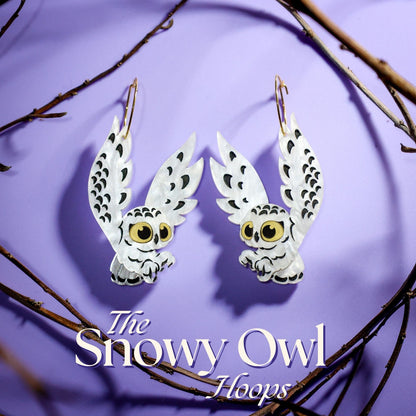 Snowy Owl Hoop Earrings - Statement Bird Earrings