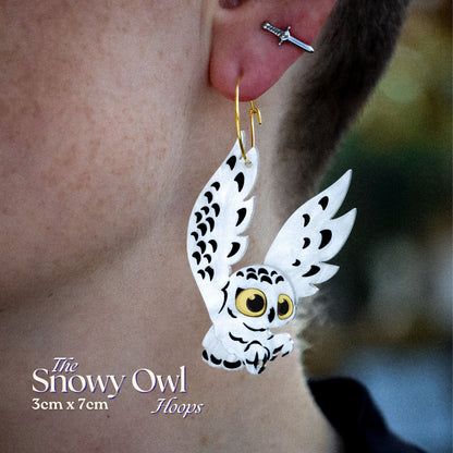 Snowy Owl Hoop Earrings - Statement Bird Earrings