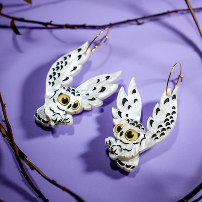 Snowy Owl Hoop Earrings - Statement Bird Earrings