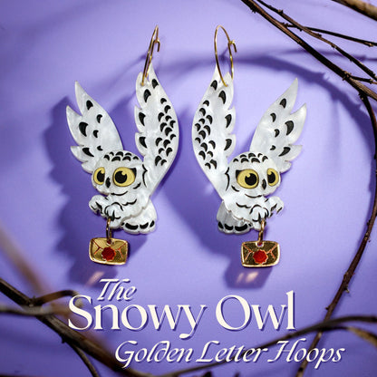 Snowy Owl 'Golden Letter' Hoop Earrings - Statement Bird Earrings