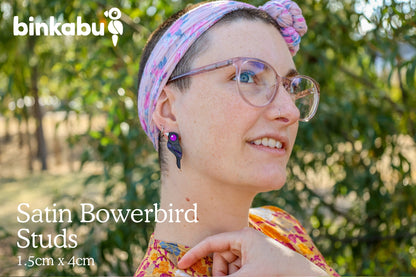 Mismatched Satin Bowerbird Studs - Statement Bird Earrings