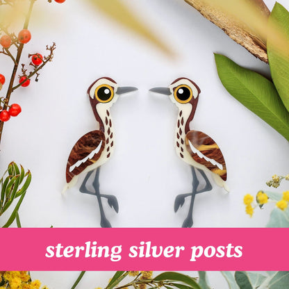 Bush Stone-Curlew Earrings - Statement Bird Earrings