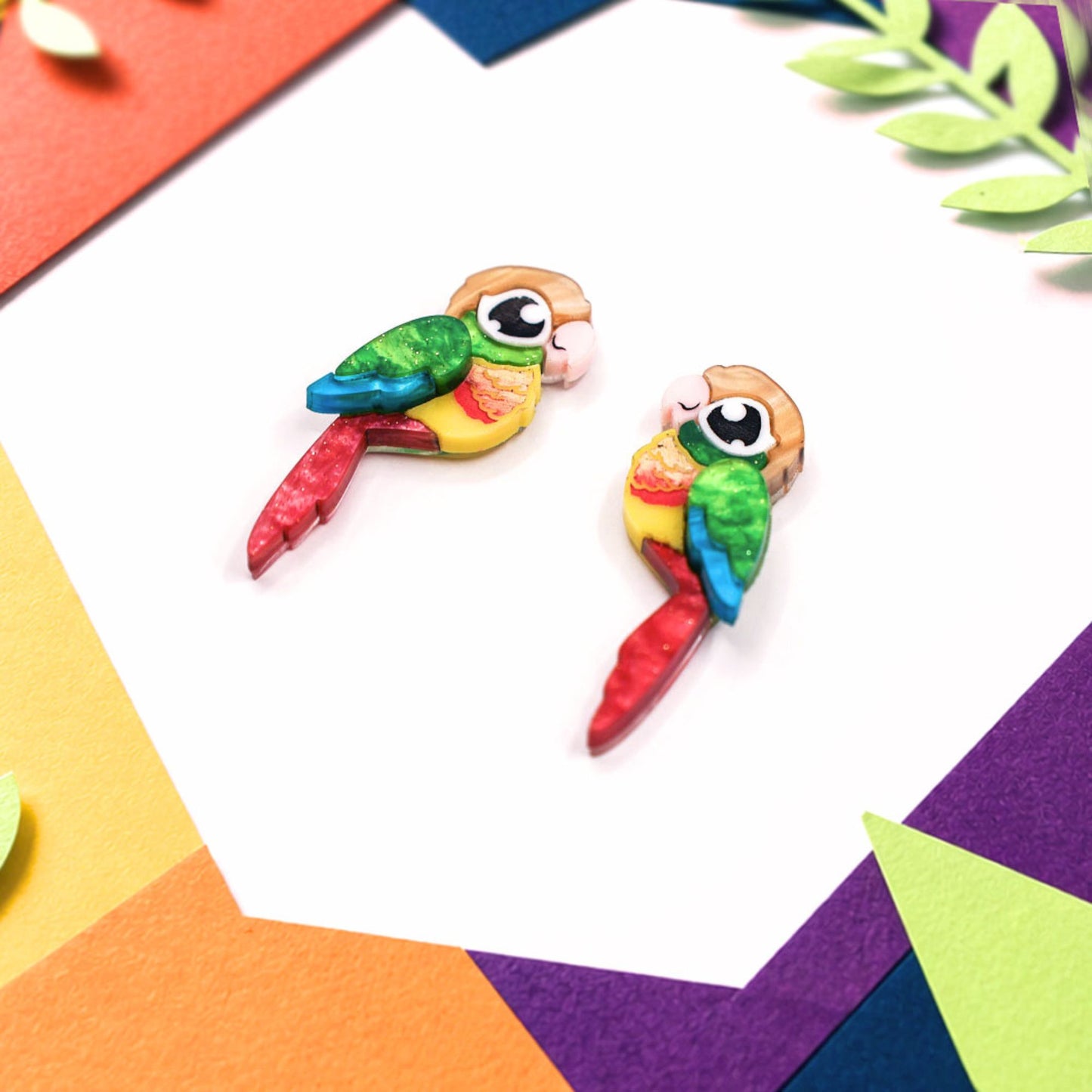 Pineapple Green-Cheeked Conure Acrylic Stud Earrings - Handmade Bird Earrings