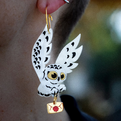 Snowy Owl 'Golden Letter' Hoop Earrings - Statement Bird Earrings