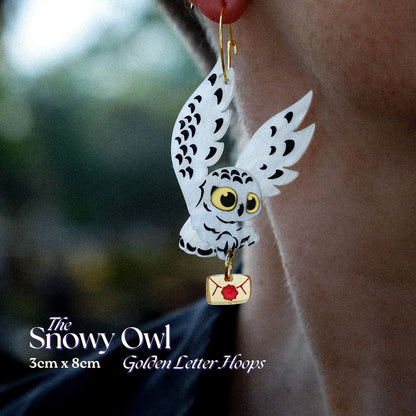 Snowy Owl 'Golden Letter' Hoop Earrings - Statement Bird Earrings