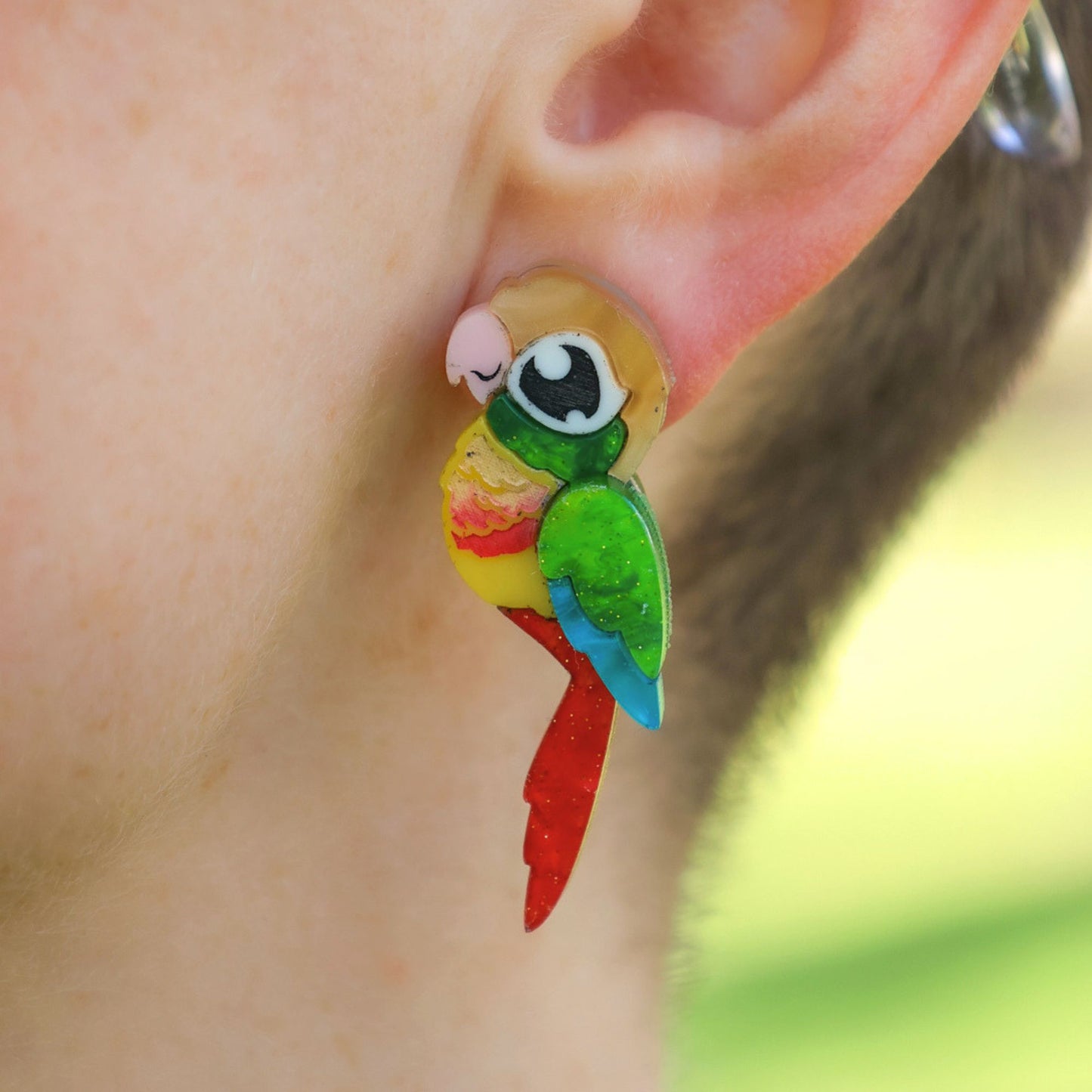 Pineapple Green-Cheeked Conure Acrylic Stud Earrings - Handmade Bird Earrings