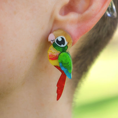 Pineapple Green-Cheeked Conure Acrylic Stud Earrings - Handmade Bird Earrings