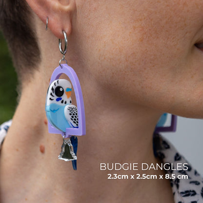 Blue & White 3D Budgie Hoop Dangles - Statement Acrylic Bird Earrings