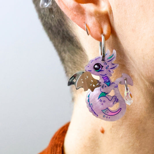 AURORA - 3D Dragon Earrings - Acrylic + Polished Stainless Steel
