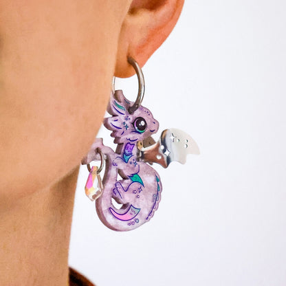 AURORA - 3D Dragon Earrings - Acrylic + Polished Stainless Steel