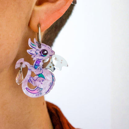 AURORA - 3D Dragon Earrings - Acrylic + Polished Stainless Steel