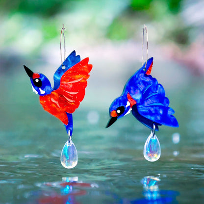 Azure Kingfisher Hoops - Handmade Bird Earrings
