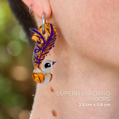 Superb Lyrebird Hoops - Statement Bird Earrings