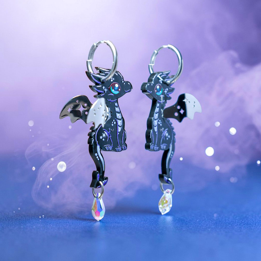 COSMO - 3D Dragon Earrings - Acrylic + Polished Stainless Steel
