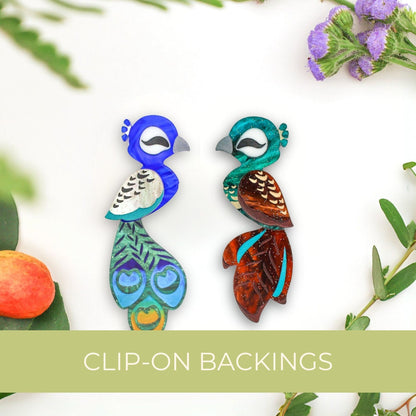 MISMATCHED Peacock/Peahen Studs - Statement Bird Earrings