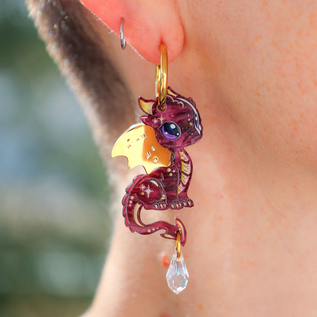 STELLA - 3D Dragon Earrings - Acrylic + 18k Gold-Plated Stainless Steel