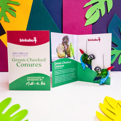 Green-cheeked Conure Acrylic Dangle Earrings - Handmade Bird Earrings