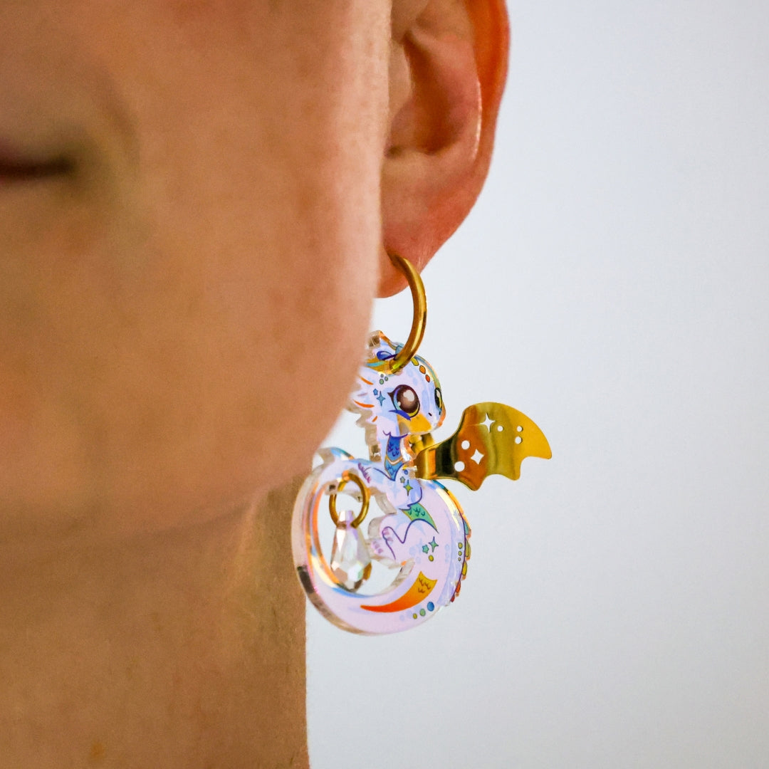 IRIS - 3D Dragon Earrings - Acrylic + Polished Stainless Steel