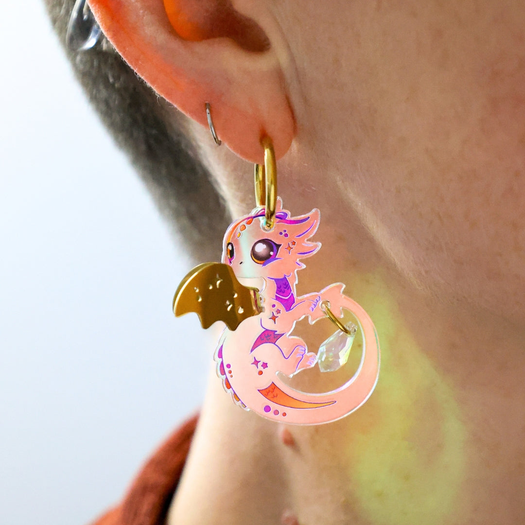 IRIS - 3D Dragon Earrings - Acrylic + Polished Stainless Steel