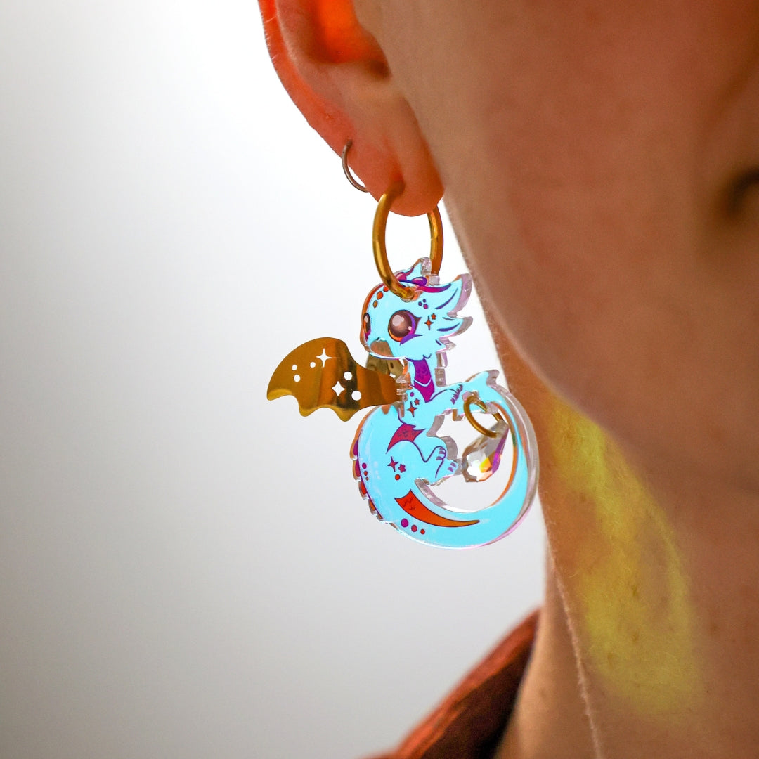 IRIS - 3D Dragon Earrings - Acrylic + Polished Stainless Steel