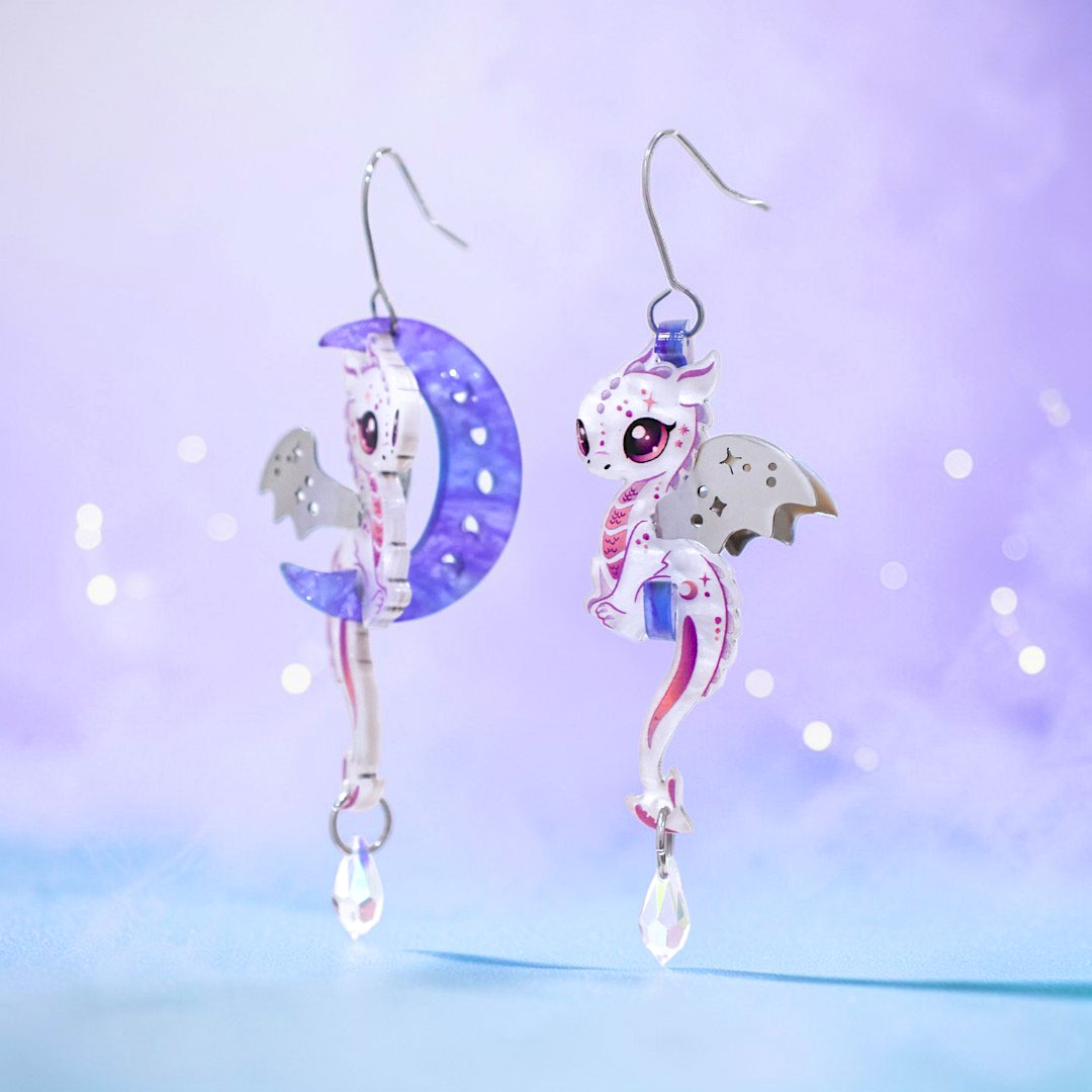 LUNA - 3D Dragon & Moon Earrings - Acrylic + Polished Stainless Steel