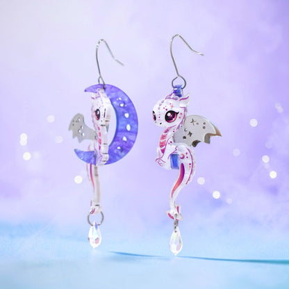 LUNA - 3D Dragon & Moon Earrings - Acrylic + Polished Stainless Steel