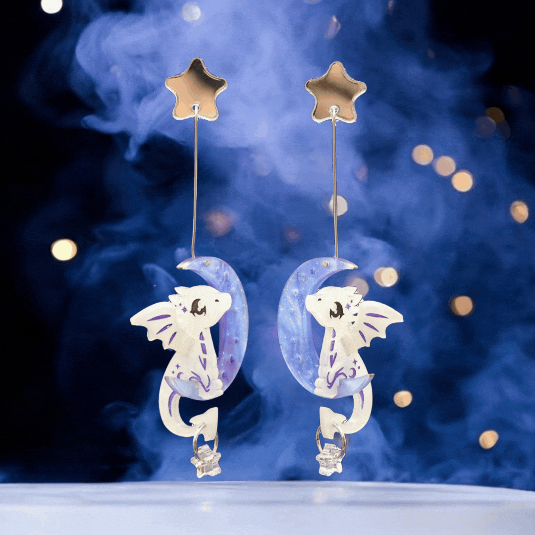 DISCONTINUED - 3D ‘Luna' Moon Dragon - Handmade Acrylic Dangle Earrings