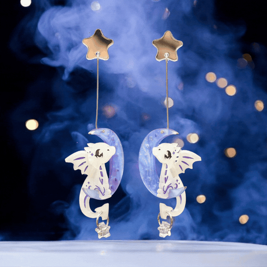 DISCONTINUED - 3D ‘Luna' Moon Dragon - Handmade Acrylic Dangle Earrings