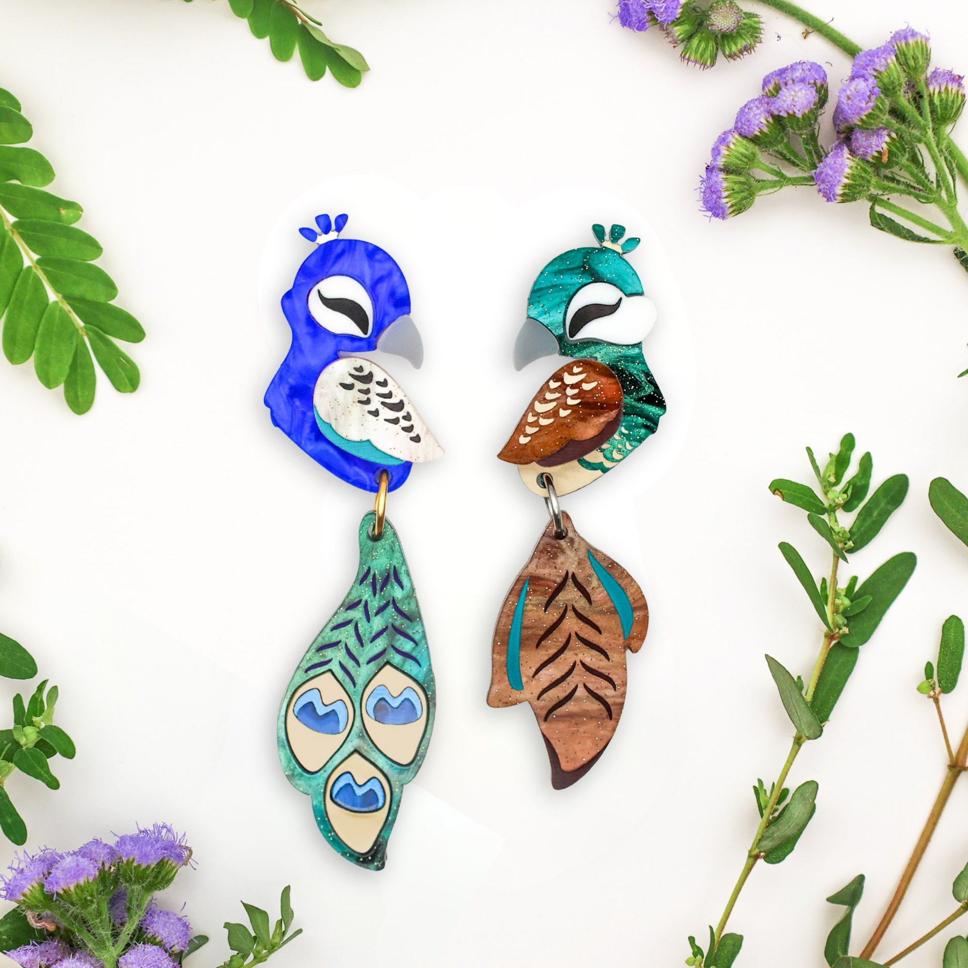 MISMATCHED Peacock/Peahen Dangles - Statement Bird Earrings