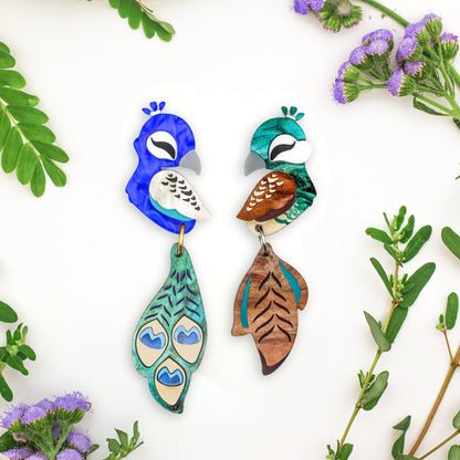 MISMATCHED Peacock/Peahen Dangles - Statement Bird Earrings
