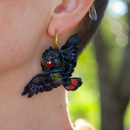 Red-Tailed Black Cockatoo Hoop Earrings - Statement Bird Earrings