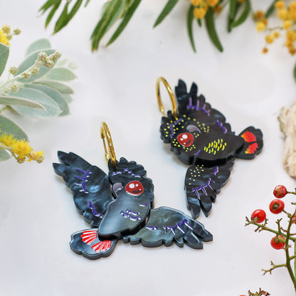 Red-Tailed Black Cockatoo Hoop Earrings - Statement Bird Earrings