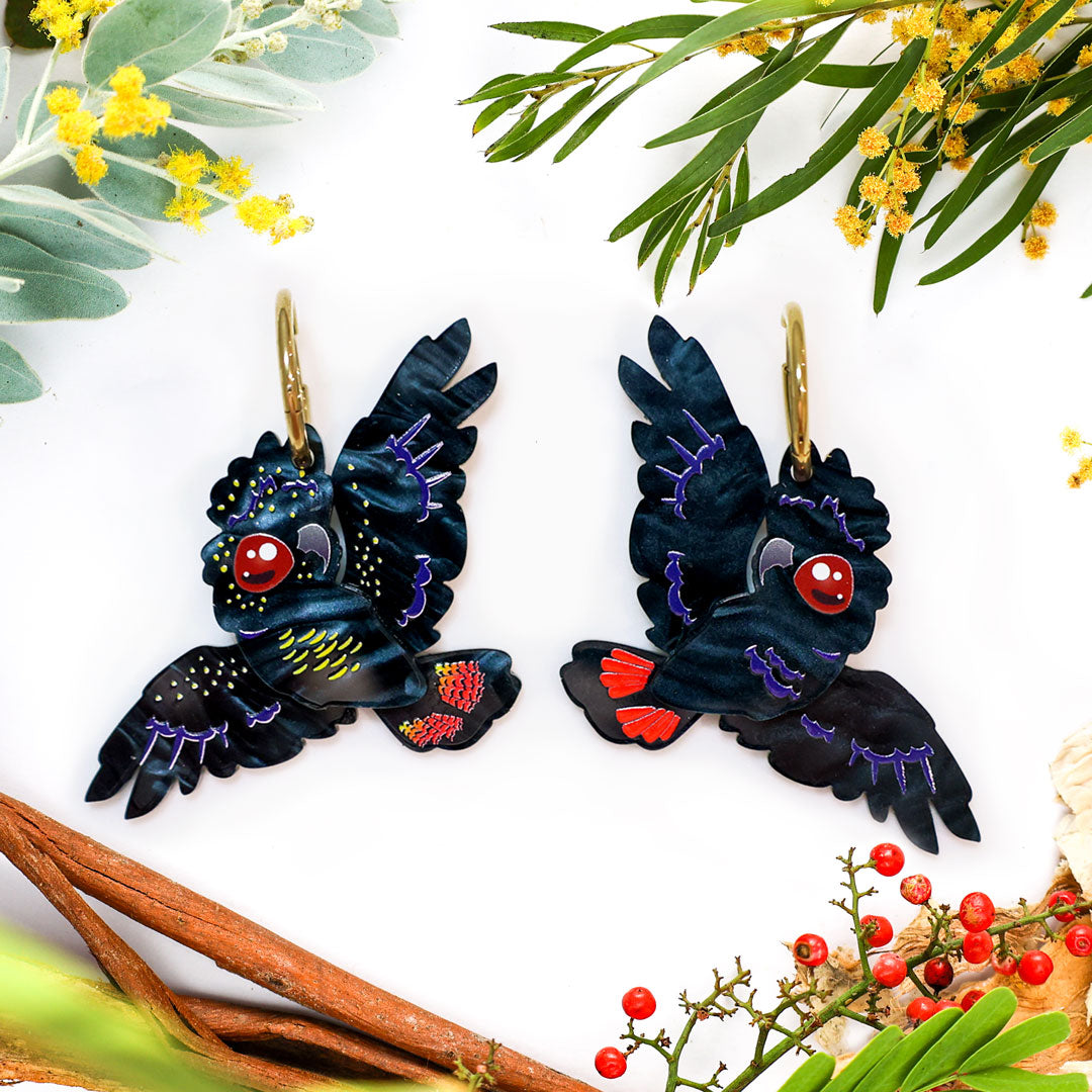 Red-Tailed Black Cockatoo Hoop Earrings - Statement Bird Earrings