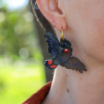 Red-Tailed Black Cockatoo Hoop Earrings - Statement Bird Earrings
