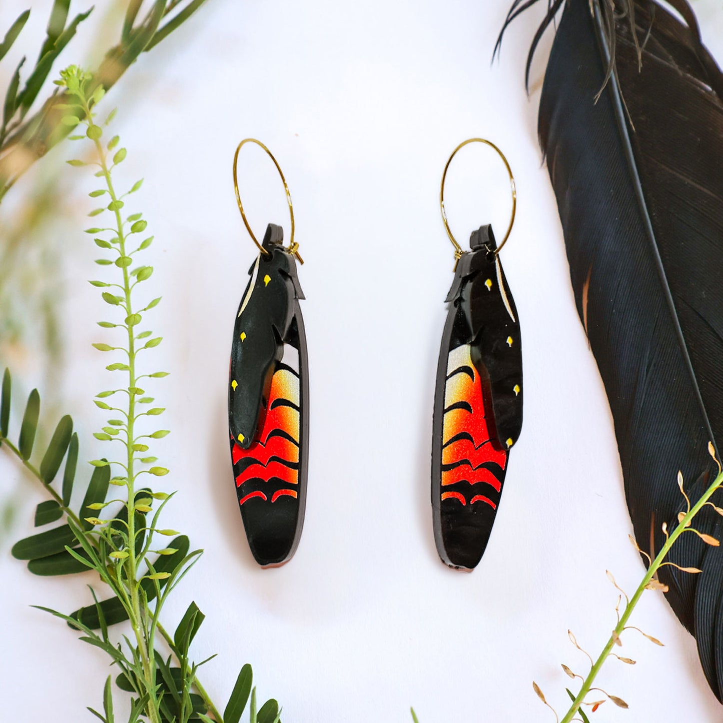 Foraged Feathers - Red-Tailed Black Cockatoo - Handmade Statement Bird Earrings