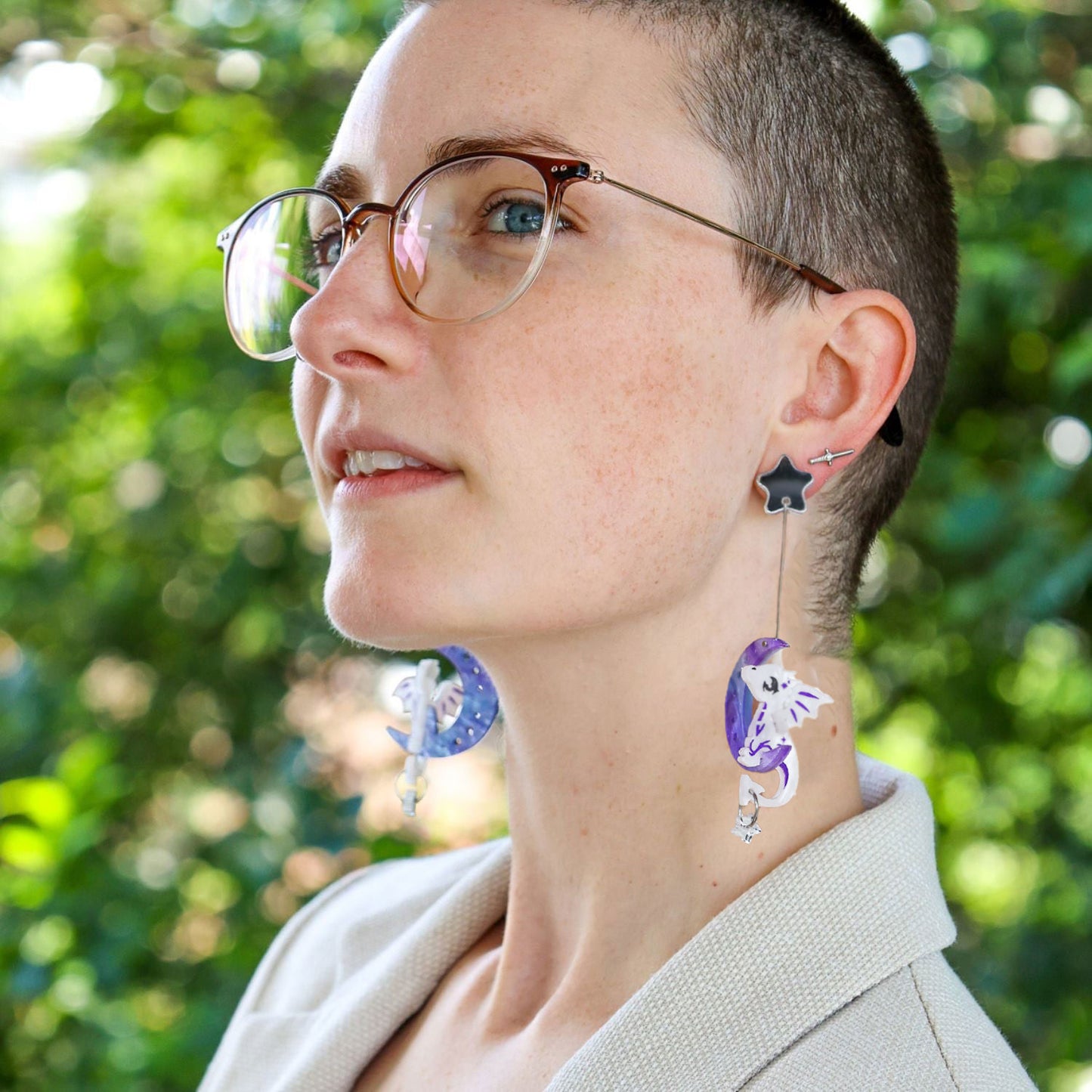 DISCONTINUED - 3D ‘Luna' Moon Dragon - Handmade Acrylic Dangle Earrings