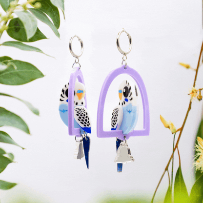 Blue & White 3D Budgie Hoop Dangles - Statement Acrylic Bird Earrings