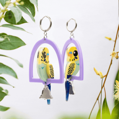 Green & Yellow 3D Budgie Hoop Dangles - Statement Acrylic Bird Earrings