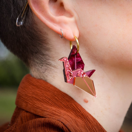 Traditional Origami Crane (Orizuru) Hoop Earrings - Handmade Bird Earrings