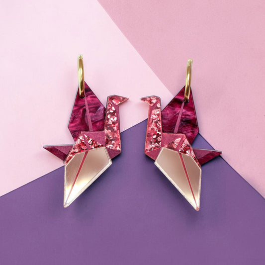 Traditional Origami Crane (Orizuru) Hoop Earrings - Handmade Bird Earrings