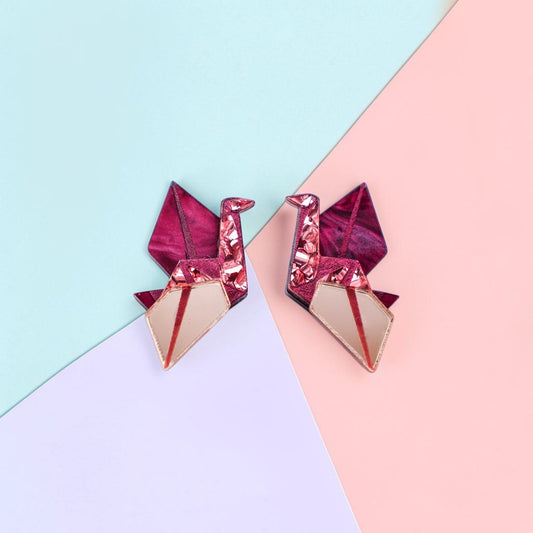Traditional Origami Crane (Orizuru) Stud Earrings - Handmade Bird Earrings
